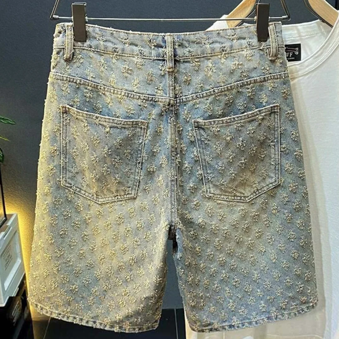 2025 Summer New American men's fashion ripped denim shorts, loose straight-leg casual mid-parted denim shorts