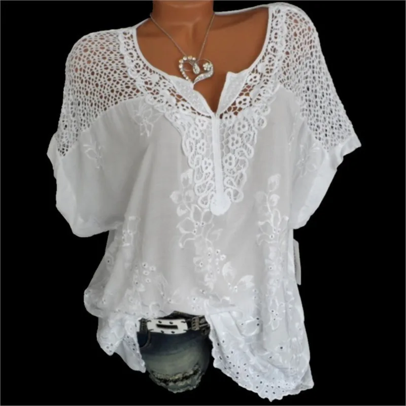 Fashion Women's Lace Embroidered Short Sleeve Blusa Blanca Cuello V Para Mujer Блузка Хлопок Белая Blusen Damen 2025 Sommer 3XL