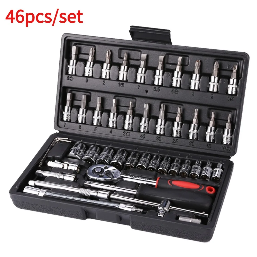 46pcs/set Car Repair Tool Kit Mechanical Ratchet Spanner Home DIY 1/4\