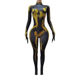 Sexy Women Stage Performance Rhinestone Jumpsuits Elegant Gold Silver Diamond One Piece Bodysuits Exotic Dancer Bodycon Clothes