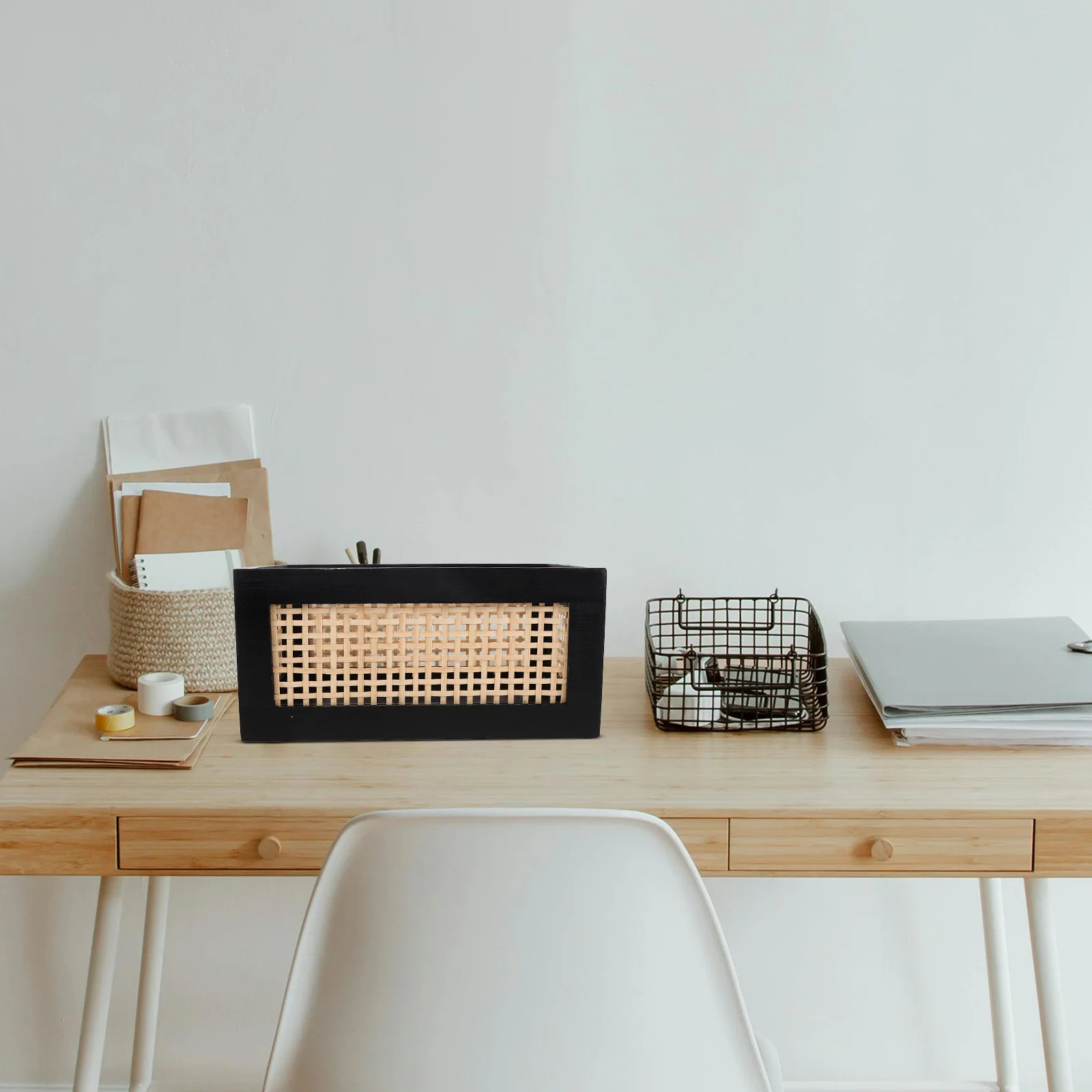 

Rectangular Woven Basket Wood Storage Container Vintage Style Organizer for Office Bedroom Pantry Desk Farmhouse Wooden Display