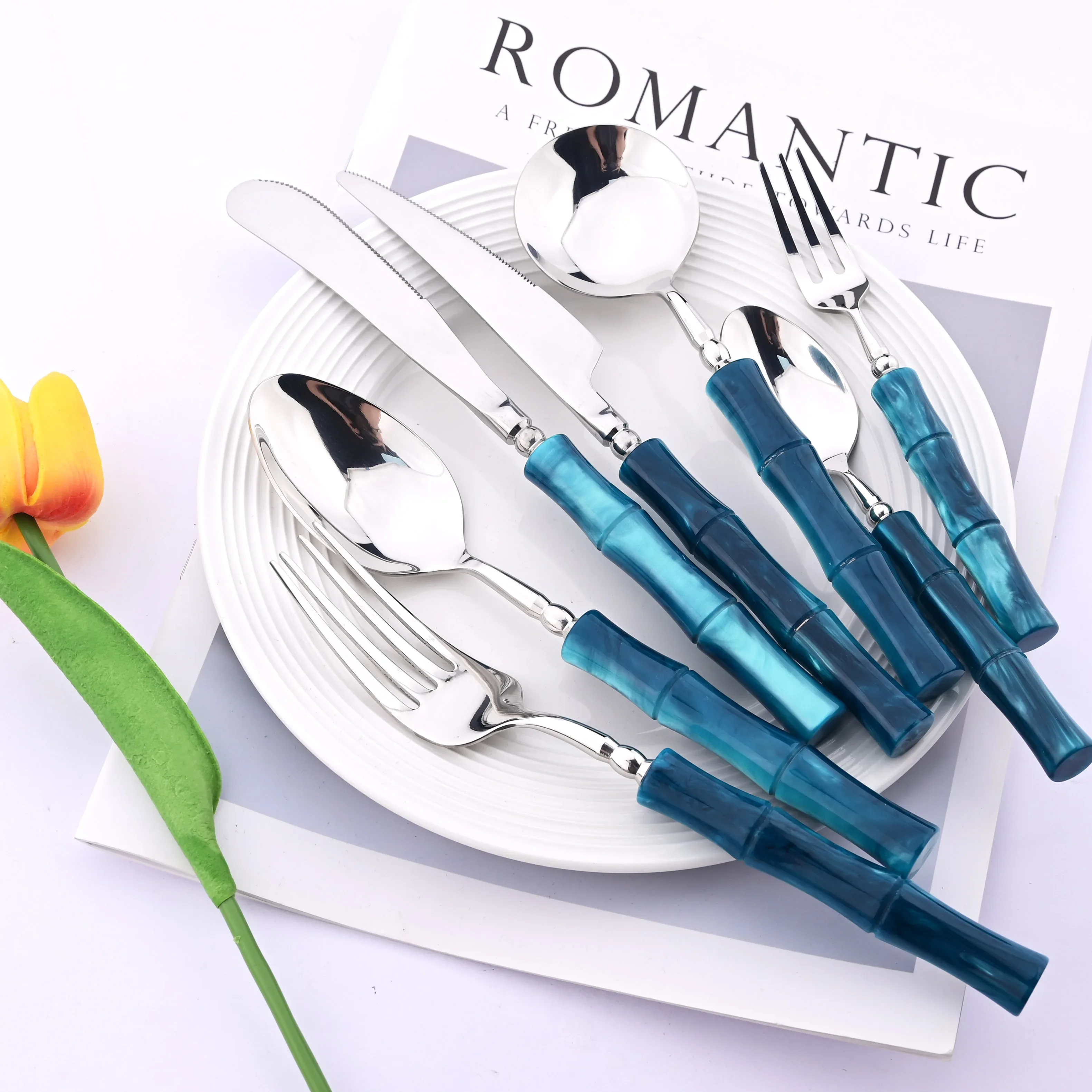 Imitation Bamboo Handle Dinnerware Set 304 Stainless Steel Cutlery Luxury Knife Fork Spoon Dinner Flatware Silverware Set