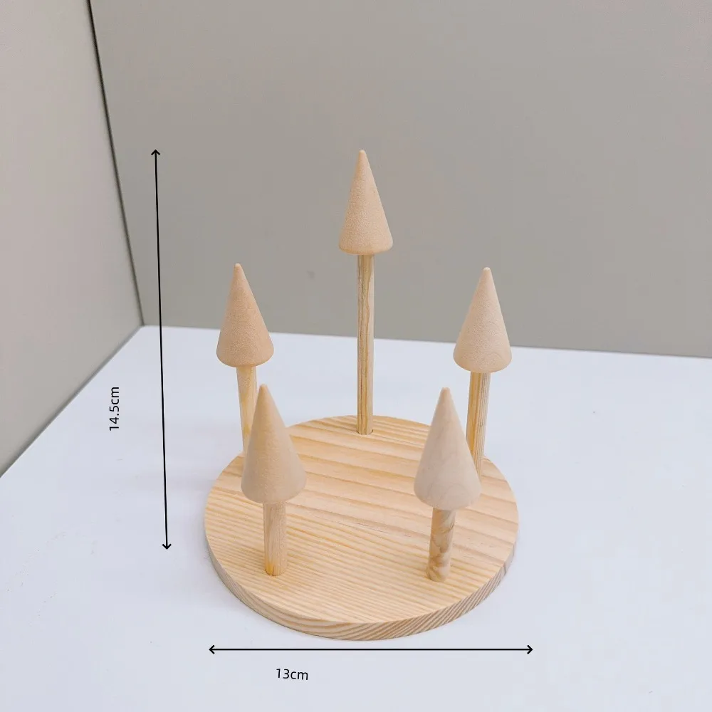 Solid Wood Material Ring Display Stand Conical Shape Smooth Polished Finger Ring Holder Multi Slots Design Ring Display Prop