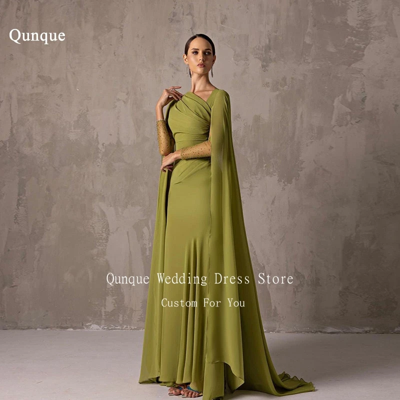 

Qunque Customized A Line Evening Dress Arabia Chiffon Long Sleeves Crystals Pleat Prom Gown With Shawl Formal Occasion Dresses