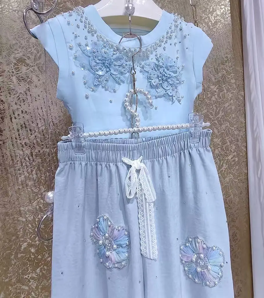 

Luxury Pant Set 2025 Summer Embroidered Flares Cotton Slim Fit T shirt + High-end Pears Beads Flowers Stitch Long Pant 2pcs Set