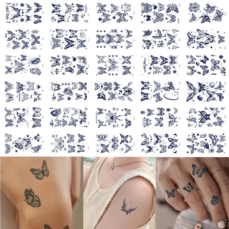 30pcs Waterproof Herbal Juice Tattoo for Girl Ladies Party Favors Butterfly Semi-Permanent Long Lasting Fake Tattoo Decor Leg