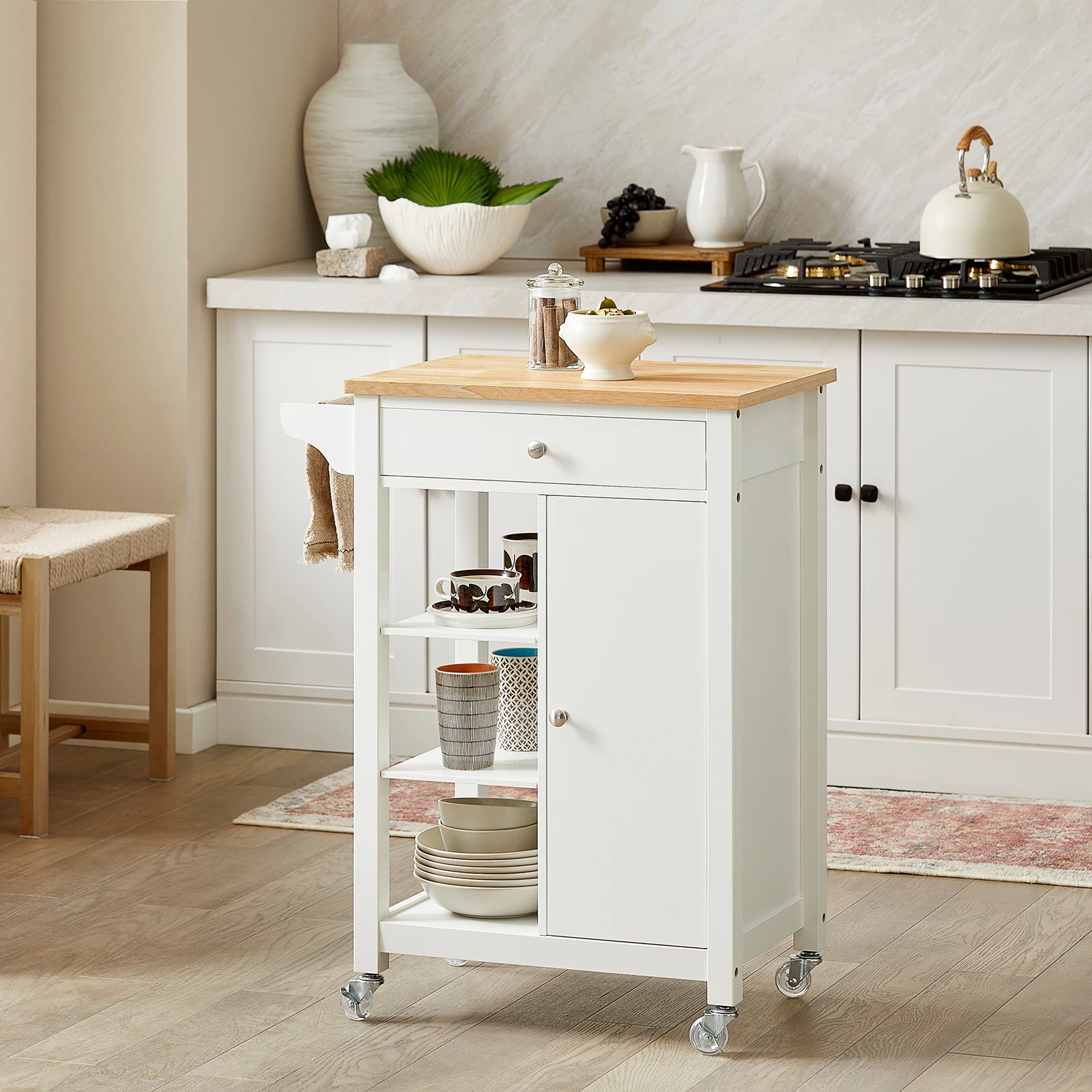 SoBuy FKW46-WN carrito de servicio con 1 puerta y 1 cajón carrito de cocina con 3 estantes B68 X T40 X H86 cm