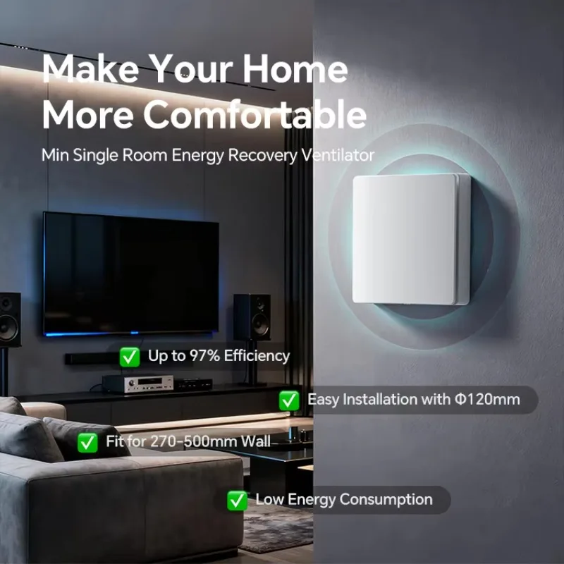 Recuperator Air Room Compact Energy Saving Dehumidifier Wall Mounted HRV With Fresh Air For Tiny House Hospital & School