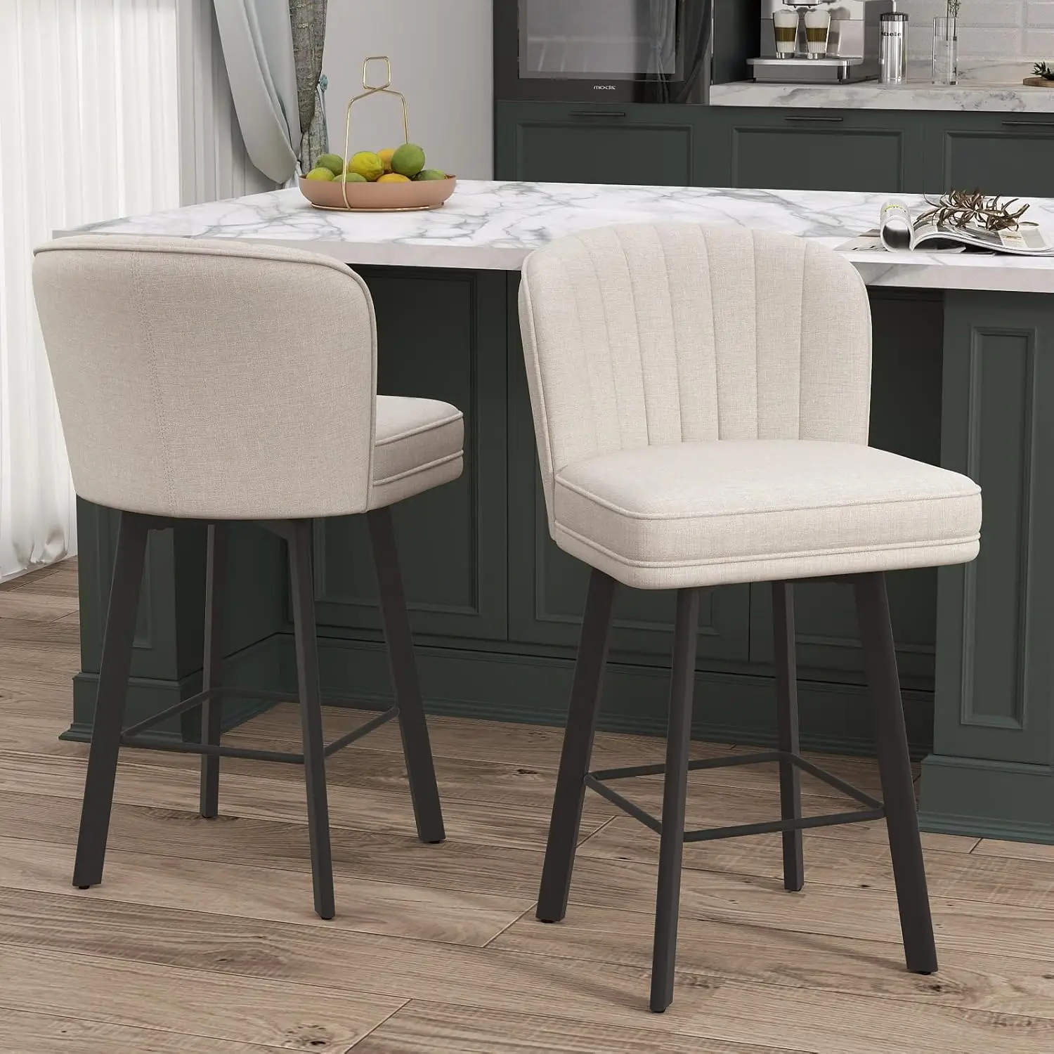 

Swivel Counter Height Bar Stools Set of 2, 26'' Modern Upholstered Barstools with Backs and Metal Legs, Beige Fabric Kitchen Isl
