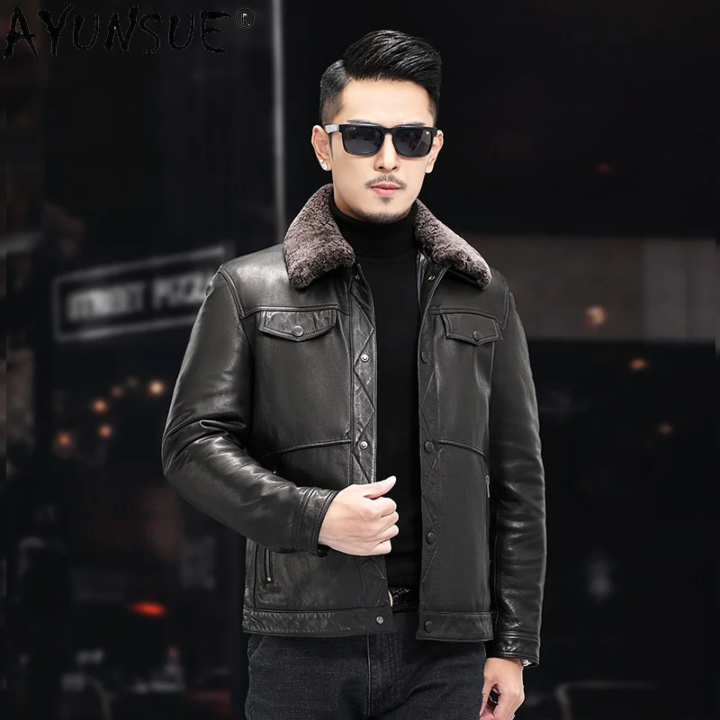 

New Winter Genuine Sheepskin Leather Coat Men Oil Wax Jacket Down Thick Jackets Lamb Fur Collar