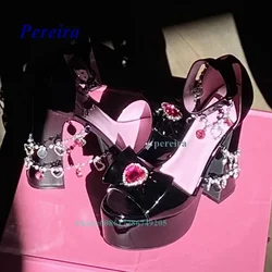 Peep Toe Platform Chunky Heel Sandals 2022 New Women Shoes Summer Sweet Cool Retro Fashion Flash Diamond Love Pearl Chain