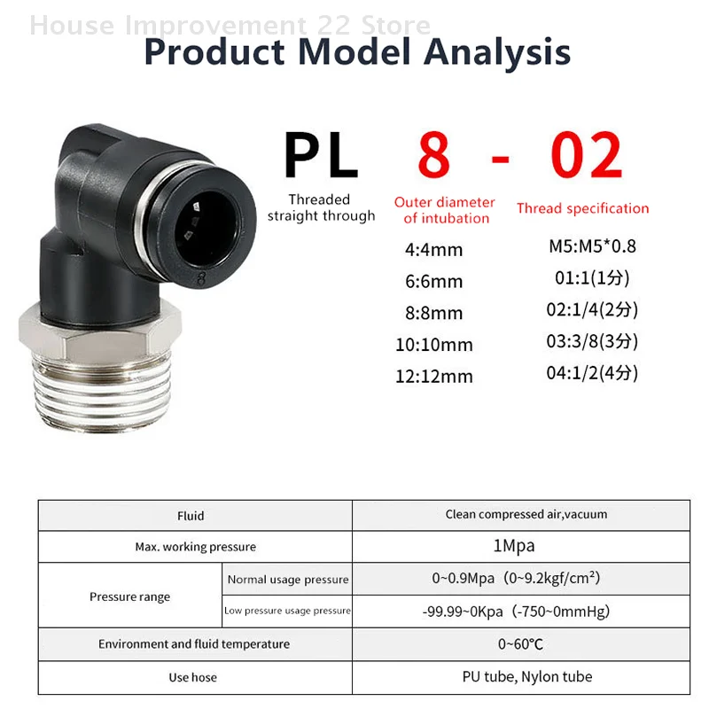 5 uds PL codo conector neumático PL8-02/4-M5/6-01/10-03/12-04 rosca macho conector rápido de aire manguera de empuje en forma de L