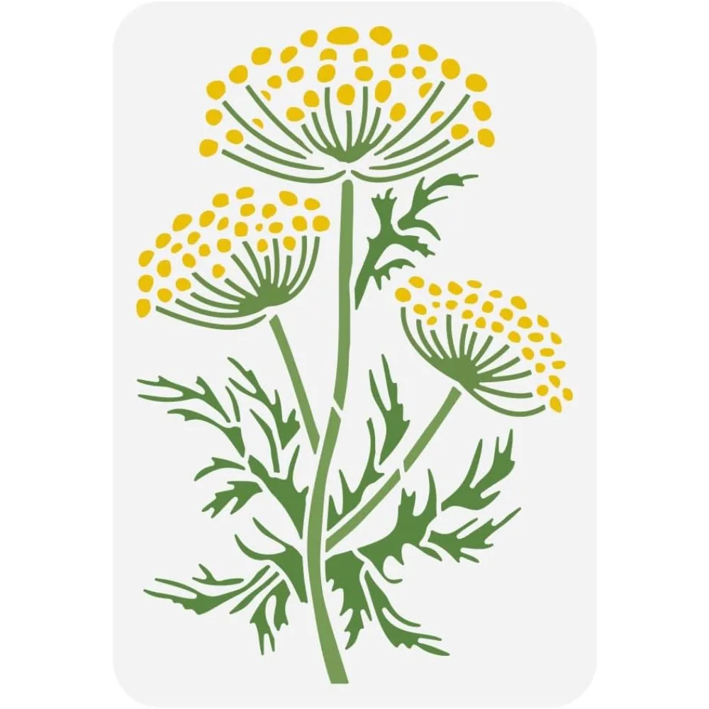 Plantilla de pintura de flores con tallo de hinojo, plantilla de flores silvestres reutilizable de 8,3x11,7 pulgadas, plantilla de flores grandes, patrón de flores, tema de plantas