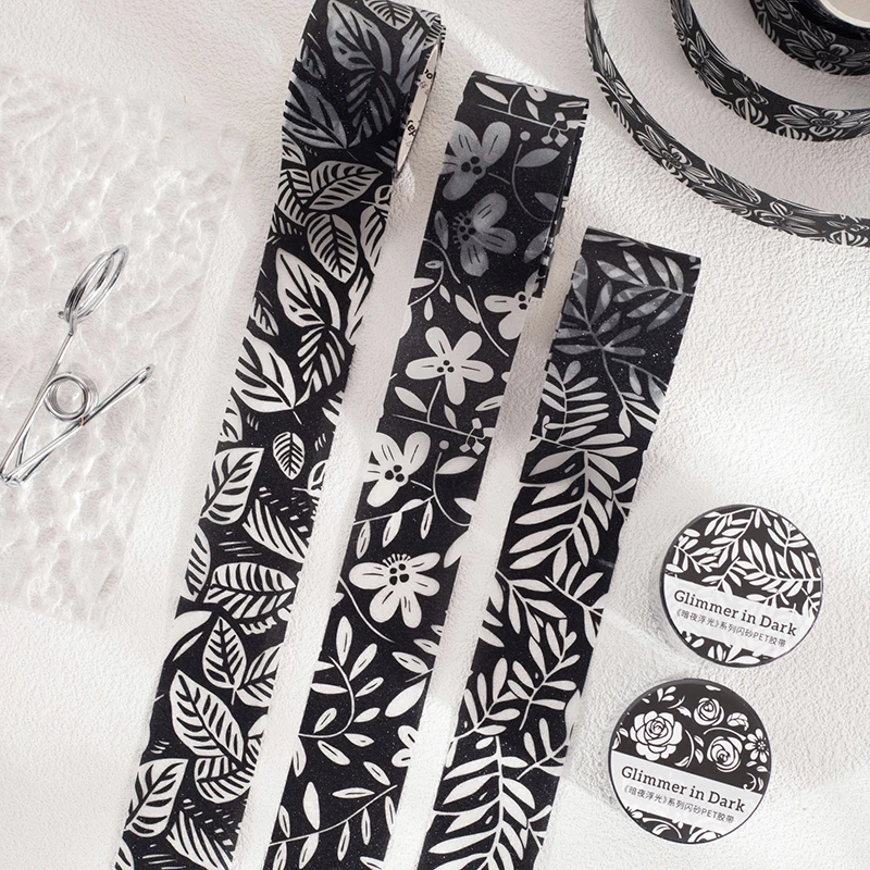 JIANQI 30mm*2m Black White Flower Leaves Tapes DIY Scrapbooking Decor Photo Album Collage Journalling Materials Stickers
