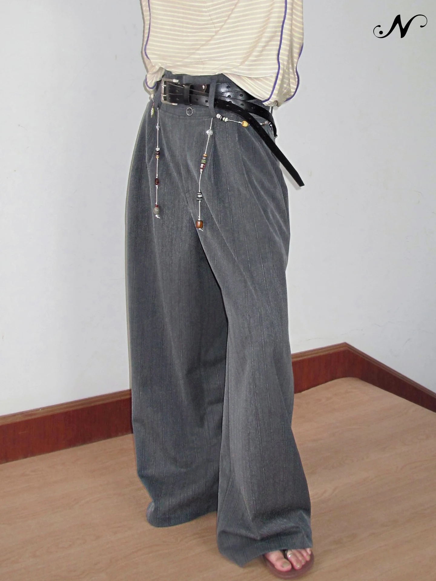 

NATAKOOL ey Striped Wide Leg Pants Double Waist Loose Fit Casual Slimming Trousers Straight Cut Commute Sle Zipper mid Waist