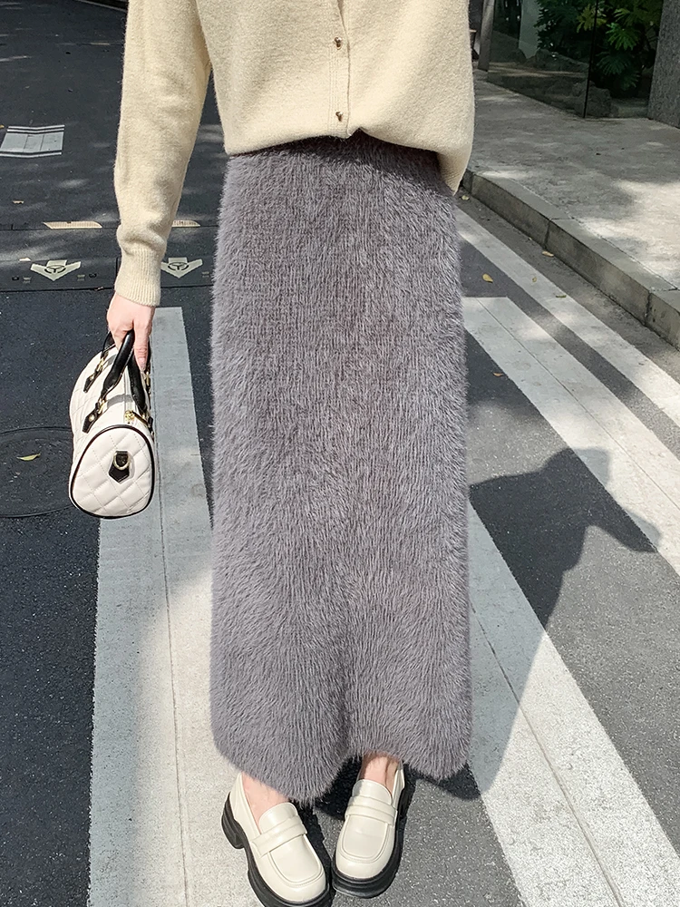 QOERLIN Imitation Mink Knitted Skirt Women Korean Fashion Tassel High Waist Long Skirts Elegant Slim Fur Skirts 2024 Fall Winter