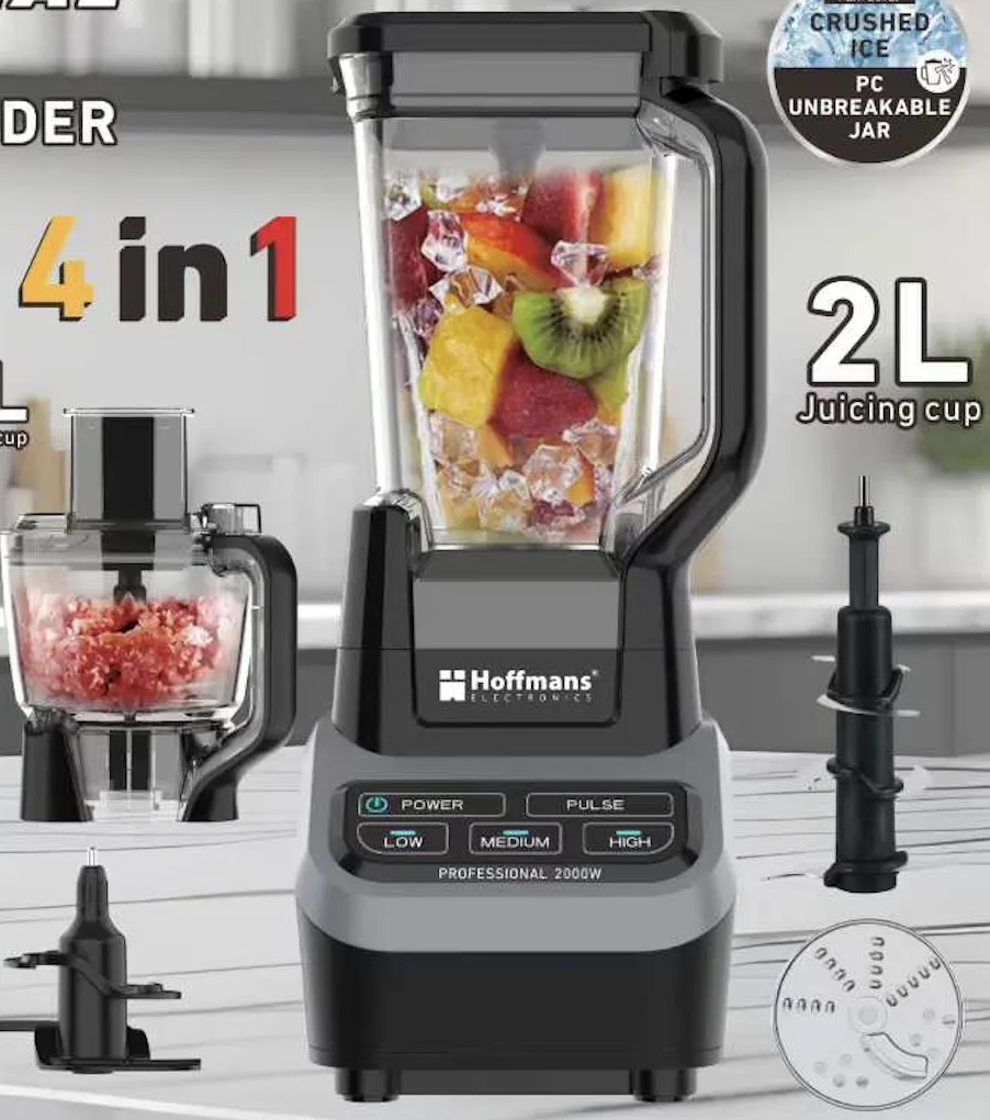 Procesador de alimentos profesional 4 en 1, con un potente motor de 2000W, picadora de carne de 1.8L y un tazón mezclador irrompible de 2L.