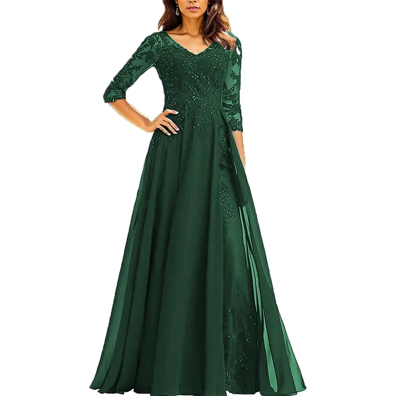 Vestidos para madre del novio con apliques de lentejuelas para mujer con manga y cuello en V, vestidos de gasa para madre de la novia