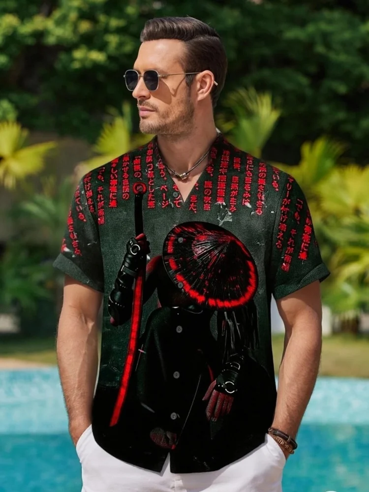 

Мужская повседневная рубашка «Последний самурай» с принтом в японском стиле, из смесового льна, модная новинка, с коротким рукавом, на пуговицах, с воротником-стойкой, туника