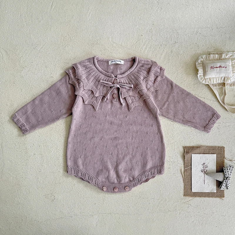 ملابس خريف جديدة لعام 2025 0-24 متر ملابس محبوكة لحديثي الولادة للفتيات بأكمام طويلة بلون سادة بدلة قفز محبوكة للفتيات الرضع