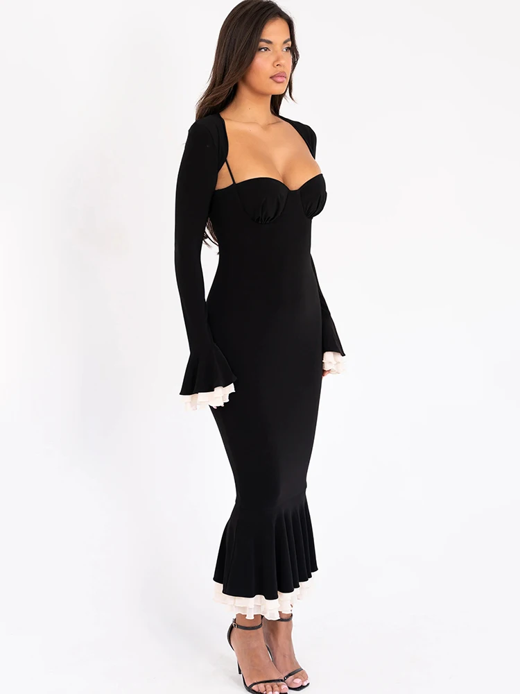 JULISSA MO Sexy Square Collar Two Piece Sets Women Mermaid Dress Flare Sleeve Evening Dress Female Skinny Elegant Party Clubwear