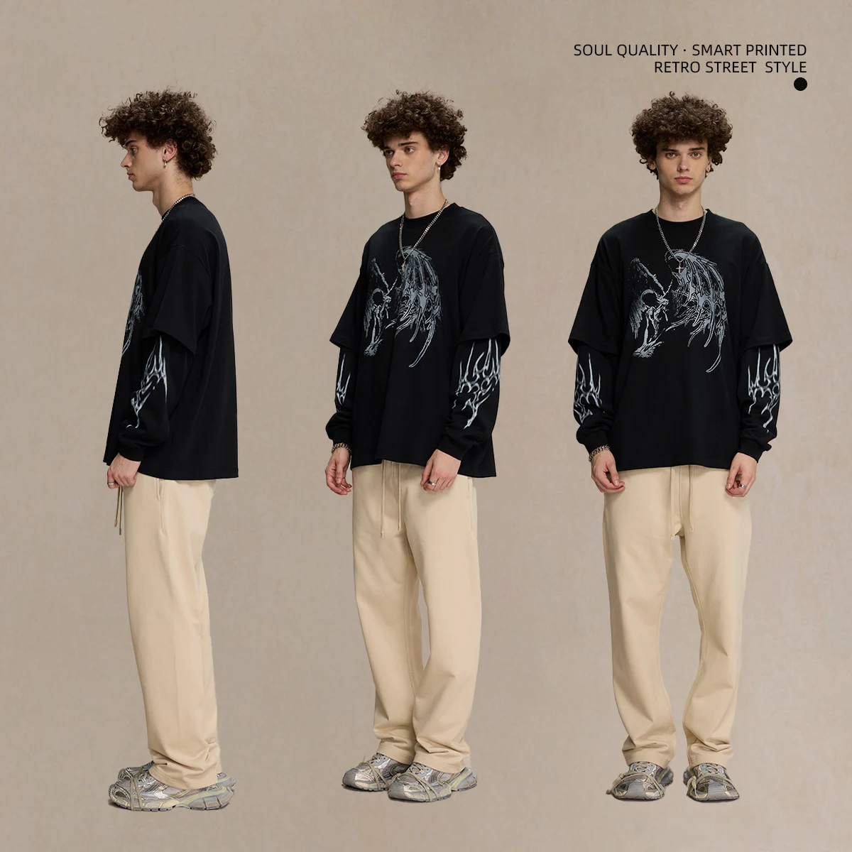 Mock Two-Piece Cotton Gothic Men T-Shirt Long Sleeve Loose Fit Autumn/Winter American Streetwear