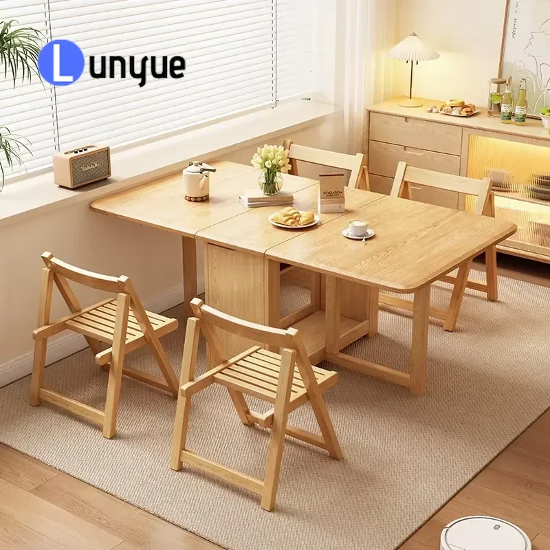 Modern Solid Wood Rectangle Dining Table Set with 4 Foldable Retractable Chairs Convertible Casual Home Furniture Space