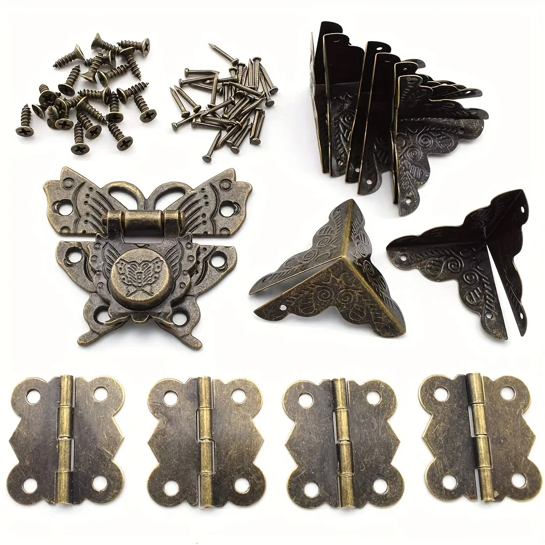 13pcs Antique Jewelry Box Latch Buckle Hinges and Corner Protectors Assortment Kit Retro Bronze Butterfly-Shape Hasp