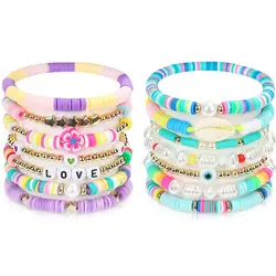 14Pcs/set Bracelets Set LOVE Shell Evil Eye Beaded Polymer Clay Stackable Charm Summer Beach Bracelets for Women Girls