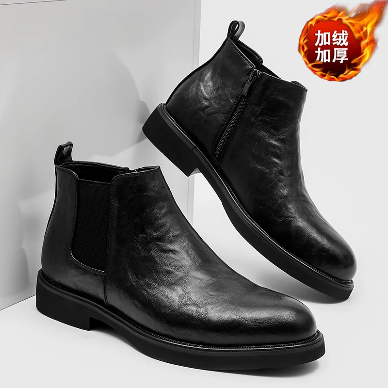 

Men High Top Boots PU High Top Solid Color Comfortable Warm Plush Business Men Boots Size 38-46