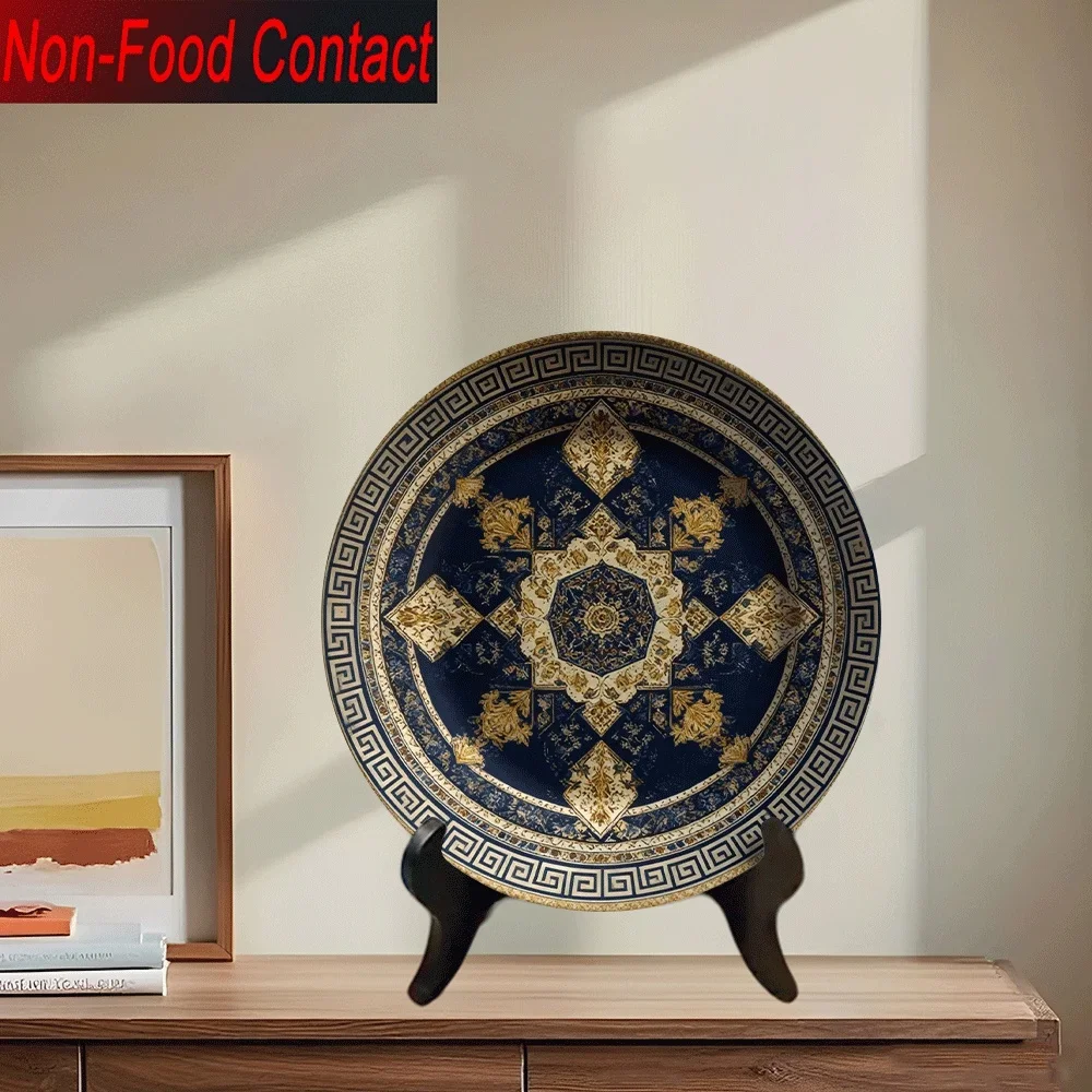 1pc Elegant Navy Blue & Golden Geometric Ceramic Decorative Plate - Non-Food Contact Tabletop Ornament for Home, Office, or