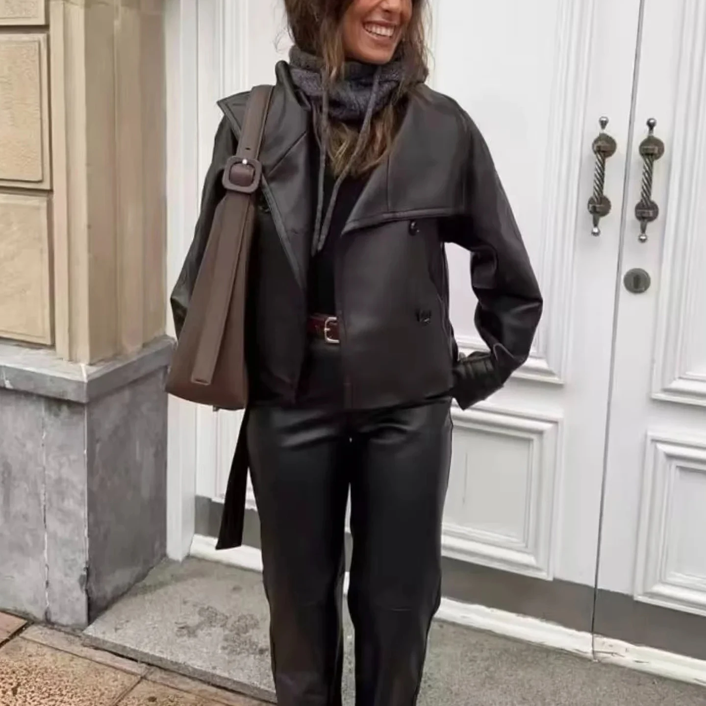 الرجعية Sle فضفاضة مزدوجة الصدر عقدة بولي Leather الجلود Jaet المرأة ملابس خارجية ort طول Faion الخريف وصول جديد