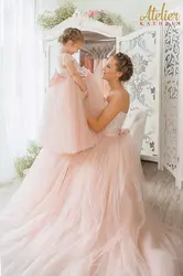 Popular Mum and Daughter Matching Dresses Outfit Pearls Strapless Mommy and me Evening Dresses for First Birthday Party