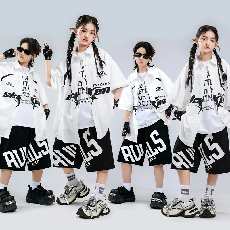 Kids Hip‑Hop Streetwear Letter Print Inner Top Graffiti‑Print Loose Shorts Boys Girls Casual Outfit for Jazz Dance Stage Group