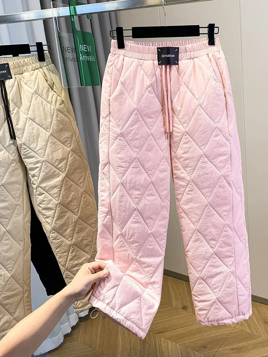 Women's Lightweight down Cotton Pants Winter European Goods Rhombus Straight Leg Wide Leg Pants Warm Cuffed Drawstring Harlan...