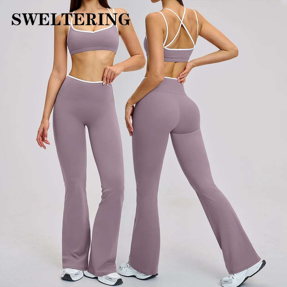 2PCS Workout Clothes Wide Leg Pant Yoga Suits Solid Color Bra Sports Set Gym Tracksuits Female Quick Dry Fitness Suit Sports Set