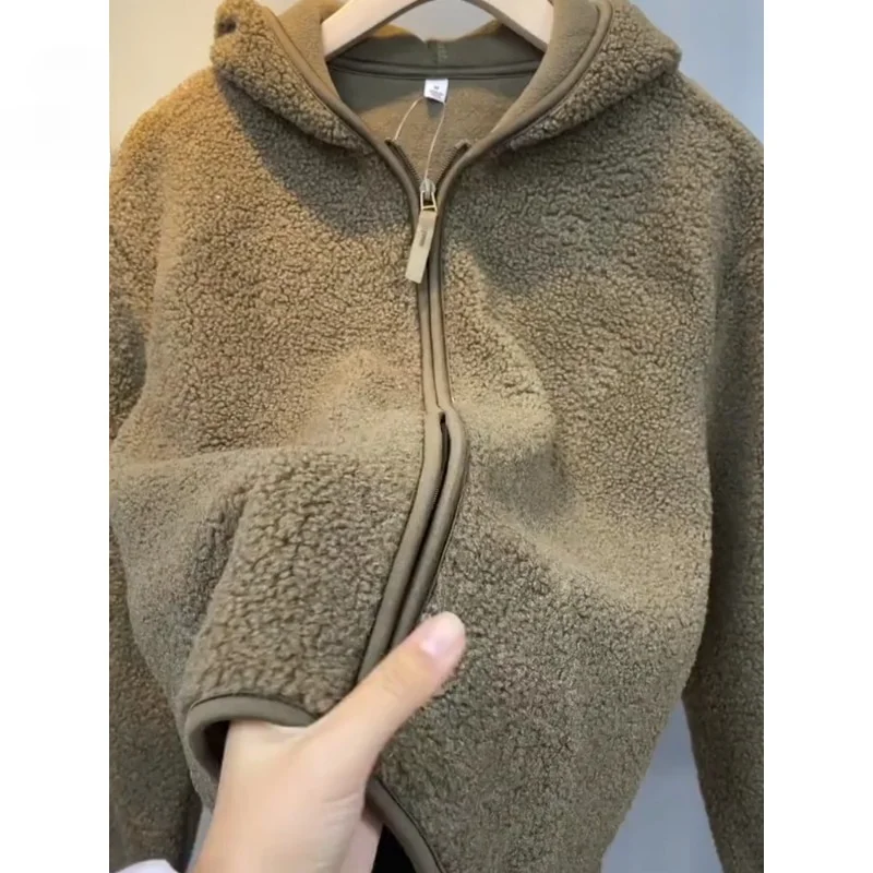 Imitation Lamb Wool Coat for Women, Hooded Fleece Coat, Towel Embroidered, Zipper Cardigan, Thick Fruit Green, Autumn Style