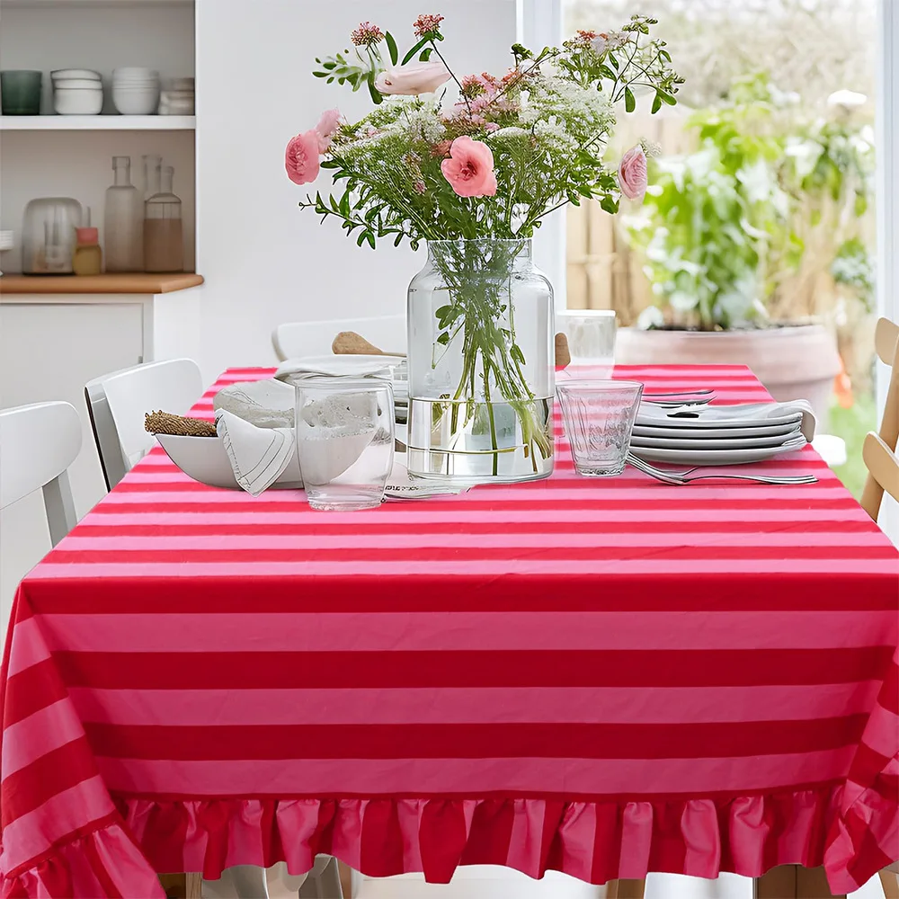 Retro Dutch Velvet Striped Tablecloth, Ruffled Table Cover for Kitchen Dining Decor Tablecloth For Holiday Party Picnic Decor