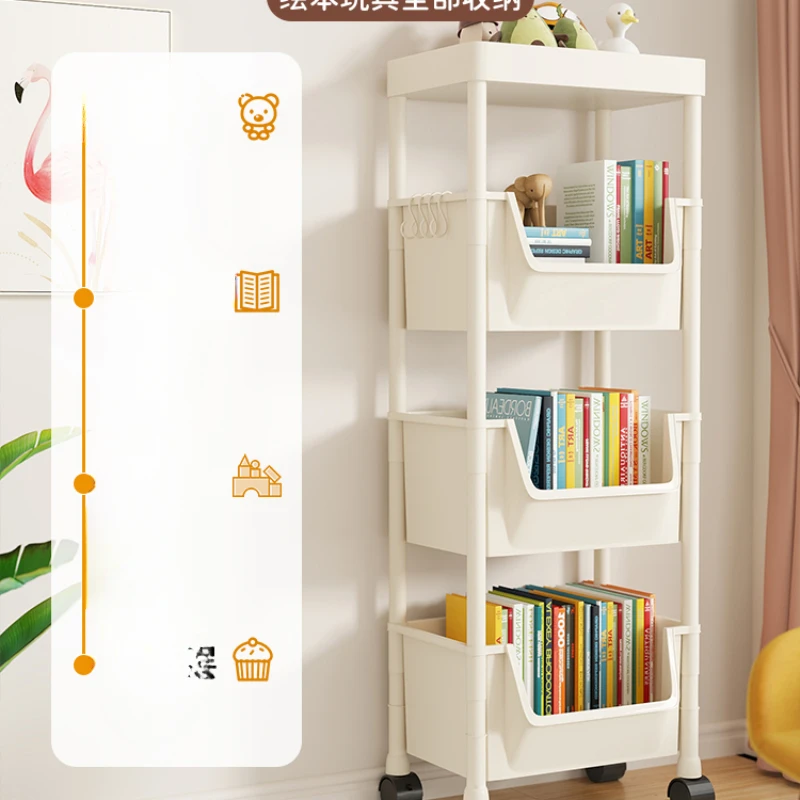 Floor Standing Shelves for Children's Books Storage Mobile Simple Dormitories Living Rooms Household Storage Carts Pulleys Hooks