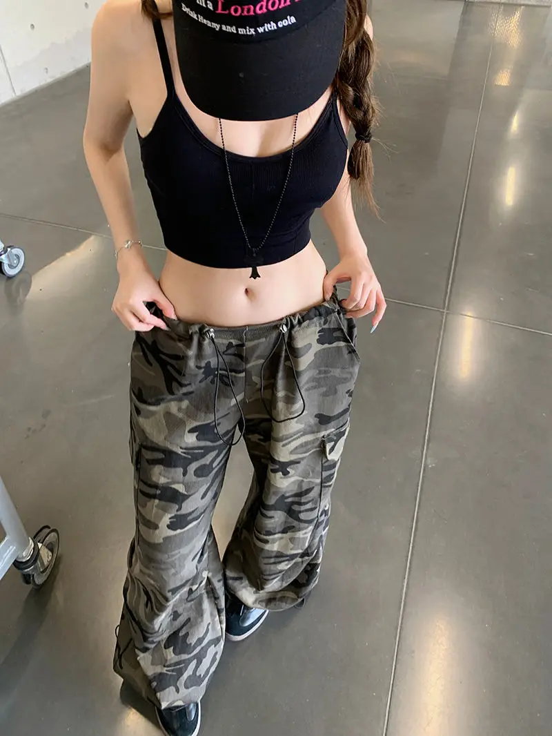 ريترو الرباط تصميم عارضة السراويل النسائية انفجار فضفاضة ورقيقة التمويه وزرة رياضية الشارع السراويل متعددة الاستخدامات