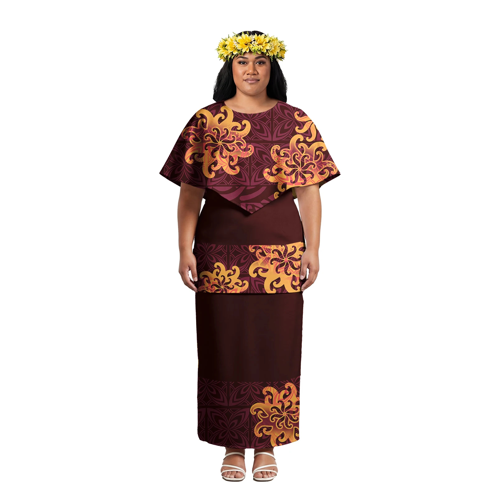 

Fashion Custom Ruffles Neck Lady Wear Tribal Style Women Church Clothes Samoan Puletasi Polynesia Ladies Casual Elegant Puletasi
