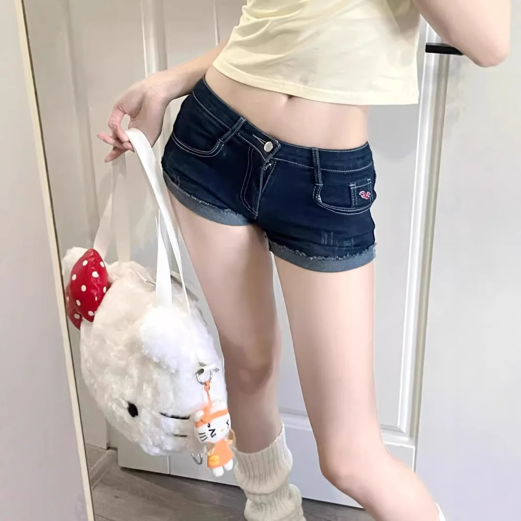 Low Waist Crimped Elastic Denim Super Shorts Women's Summer New Dark Hot Pants Spice Girl Sexy Wide-leg Pants