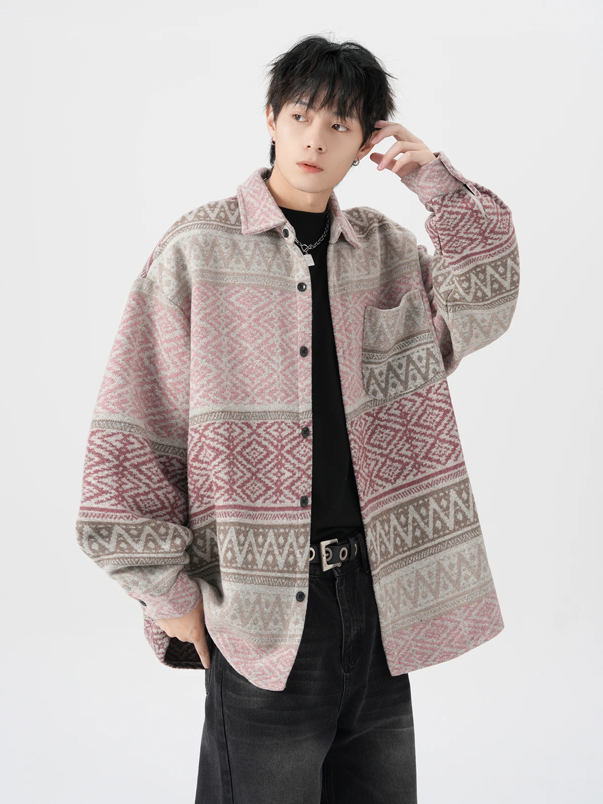 2025 Spring and Autumn New Men's Retro Printed Brown Shirt Jacket Loose Casual Turn-down Collar Wine Red Pink Jacket