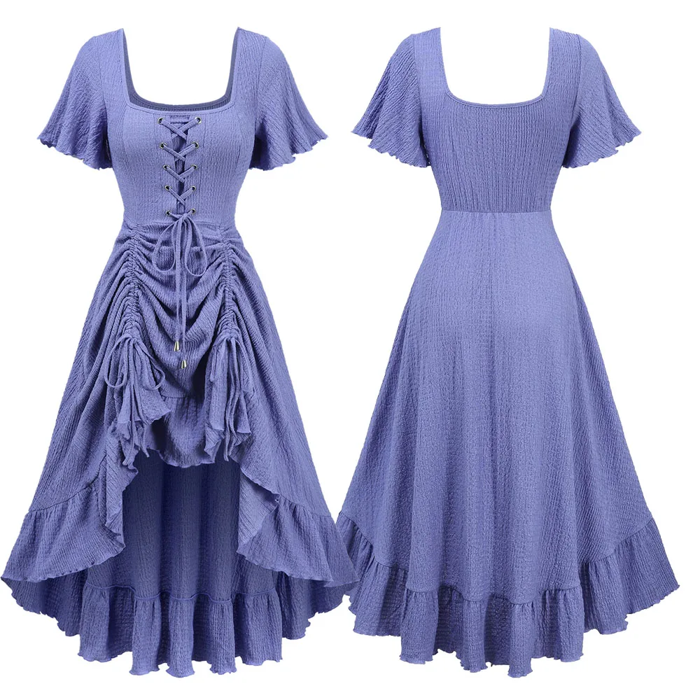 Purple Lace Up Grommets Ruffles Plisse Cinched High Low Dress Women Spring,Summer Casual Short Sleeves Dresses Vestidos