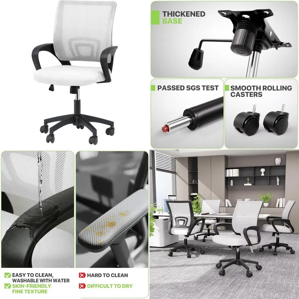 

Mid-Back Ergonomic Swivel Chair with Mesh Backrest, Lumbar Support, Adjustable Height for Office, Gaming, Study - White
