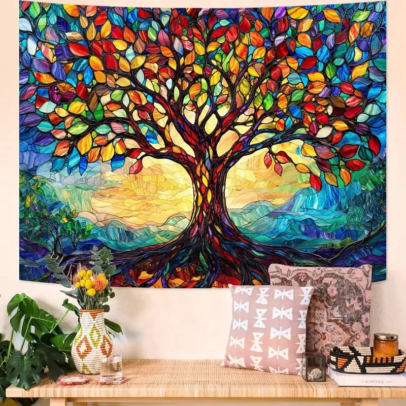 Baum des Lebens Buntglas-Wandteppich Wanddekoration Kunstteppiche für Schlafzimmer Wohnzimmer Hängende Wandteppiche Schlafzimmer