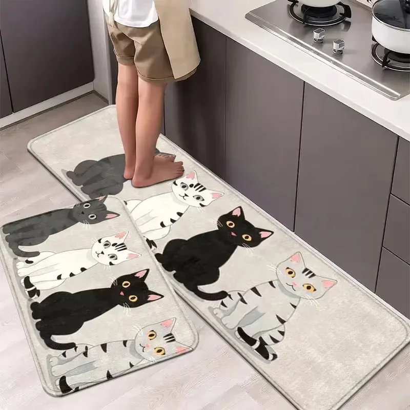 VIKAMA Cartoon Cat Black-And-White-Grey Adorable Kitchen Mat Non-Slip Indoor/Outdoor Doormat Bathroom Mat Home Decor