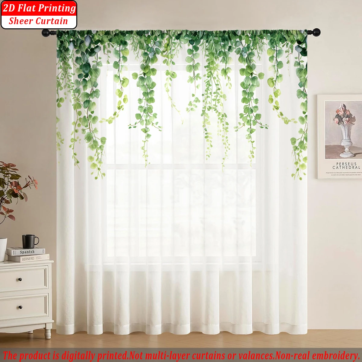 Green Wisteria Flower Flat Printing Sheer Curtain，Light Fabric，for Living Room Bedroom Home Door and Window Decor