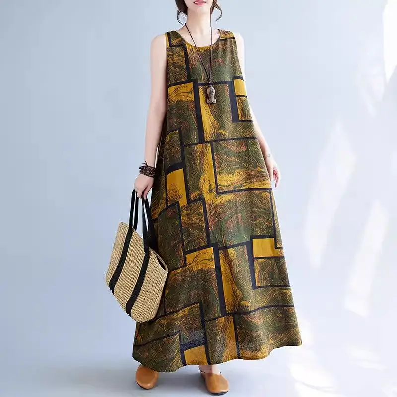 

2024 Summer New Art Large Size Women's Chothing Flower Color Loose Waist Long Printed Sleeveless Dress Vest Robe K681