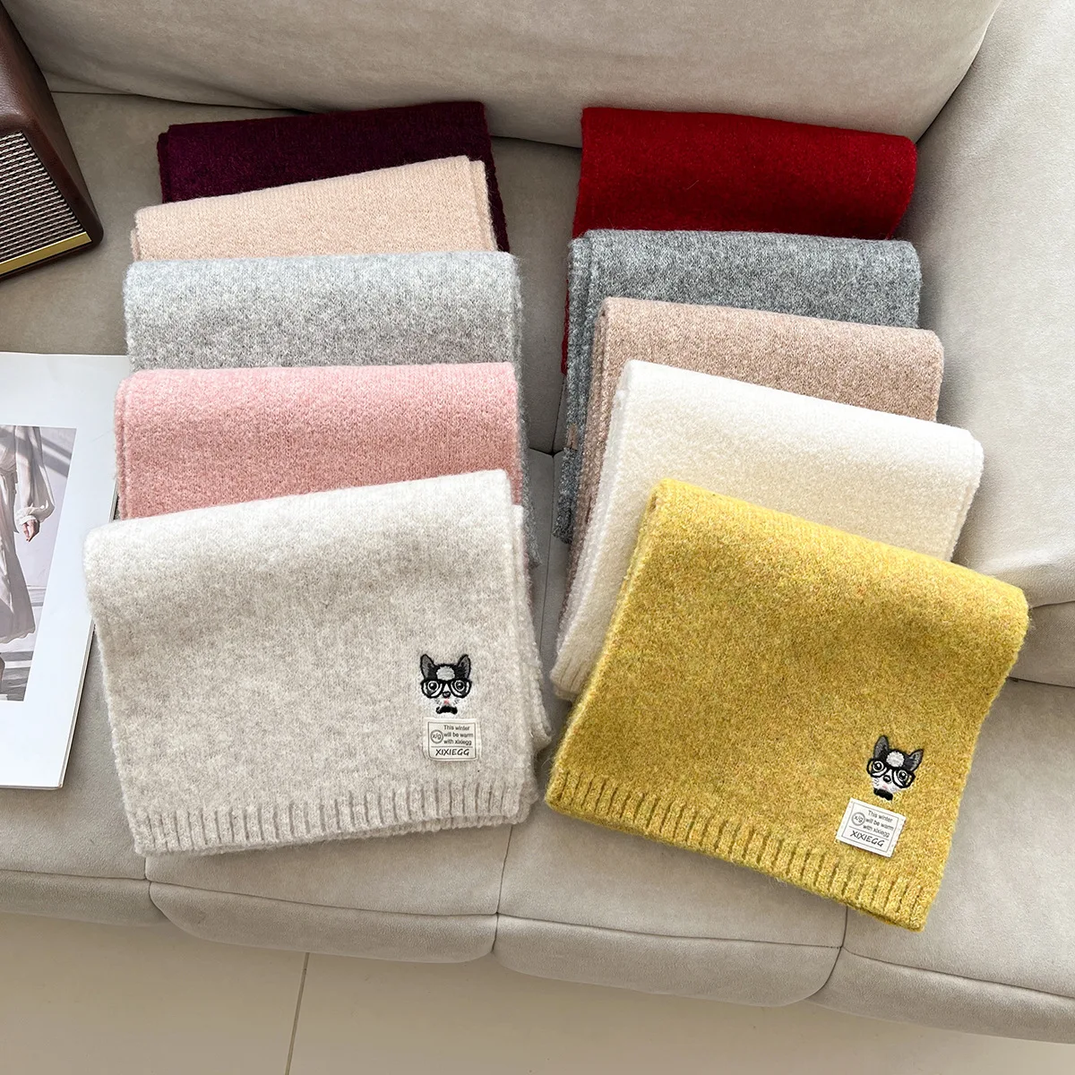 Warm Wool Scarf Unisex Winter Knitted Neck Warmer with Cute Glasses Dog Embroidery for Students